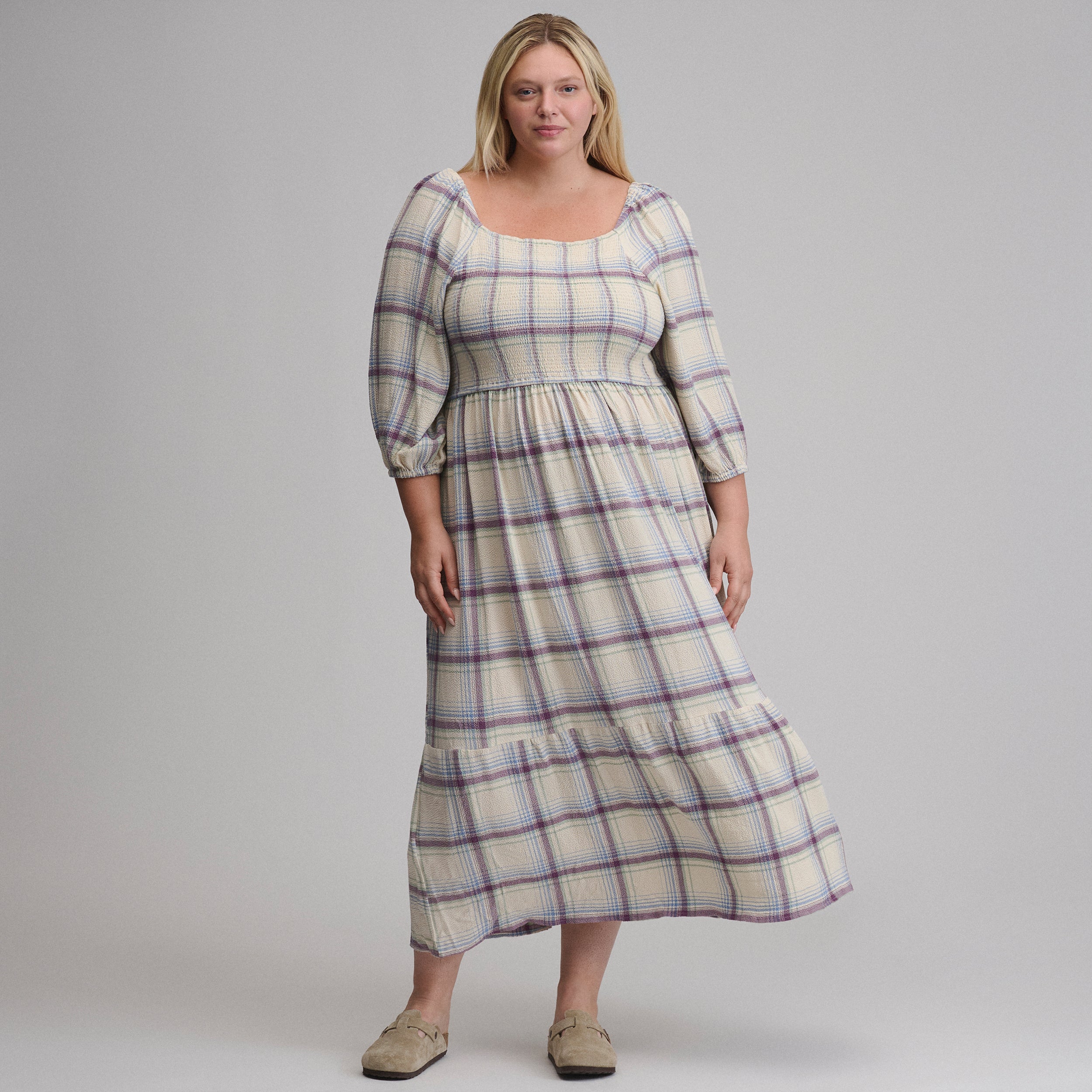 Women's Plaid 3/4 Sleeve Smocked Bodice Dress - Image 4