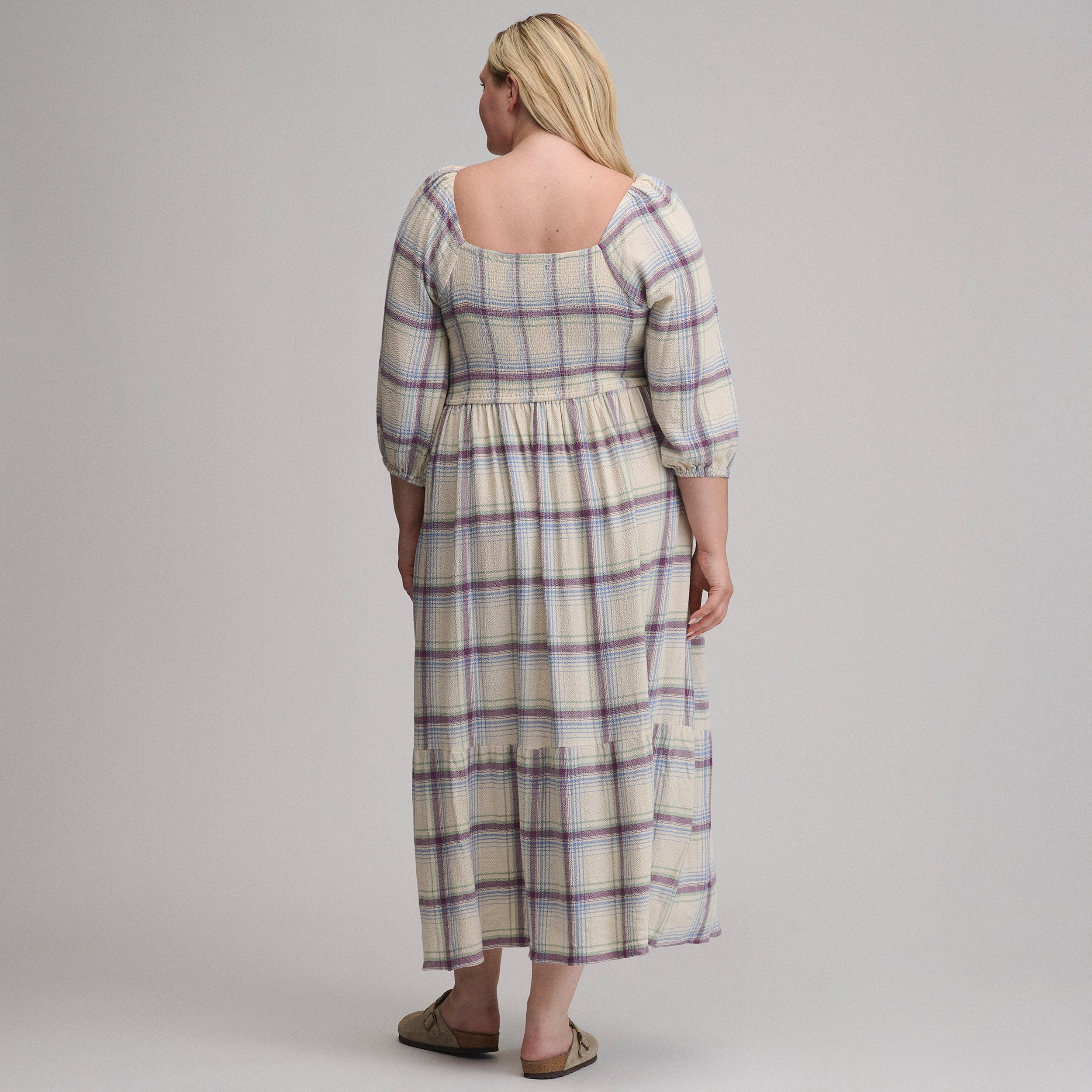 Women's Plaid 3/4 Sleeve Smocked Bodice Dress - Image 5