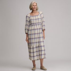 Women's Plaid 3/4 Sleeve Smocked Bodice Dress