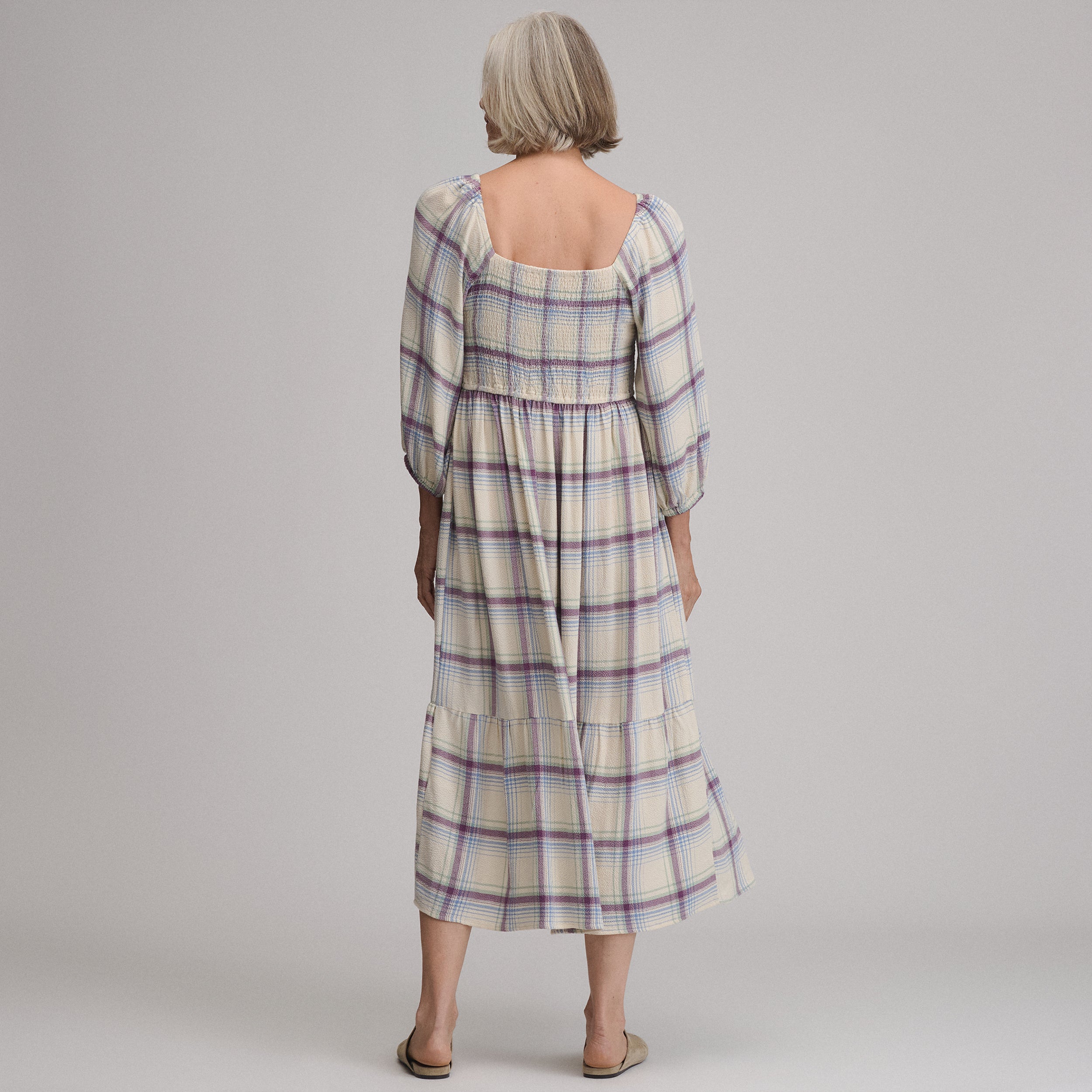 Women's Plaid 3/4 Sleeve Smocked Bodice Dress - Image 2