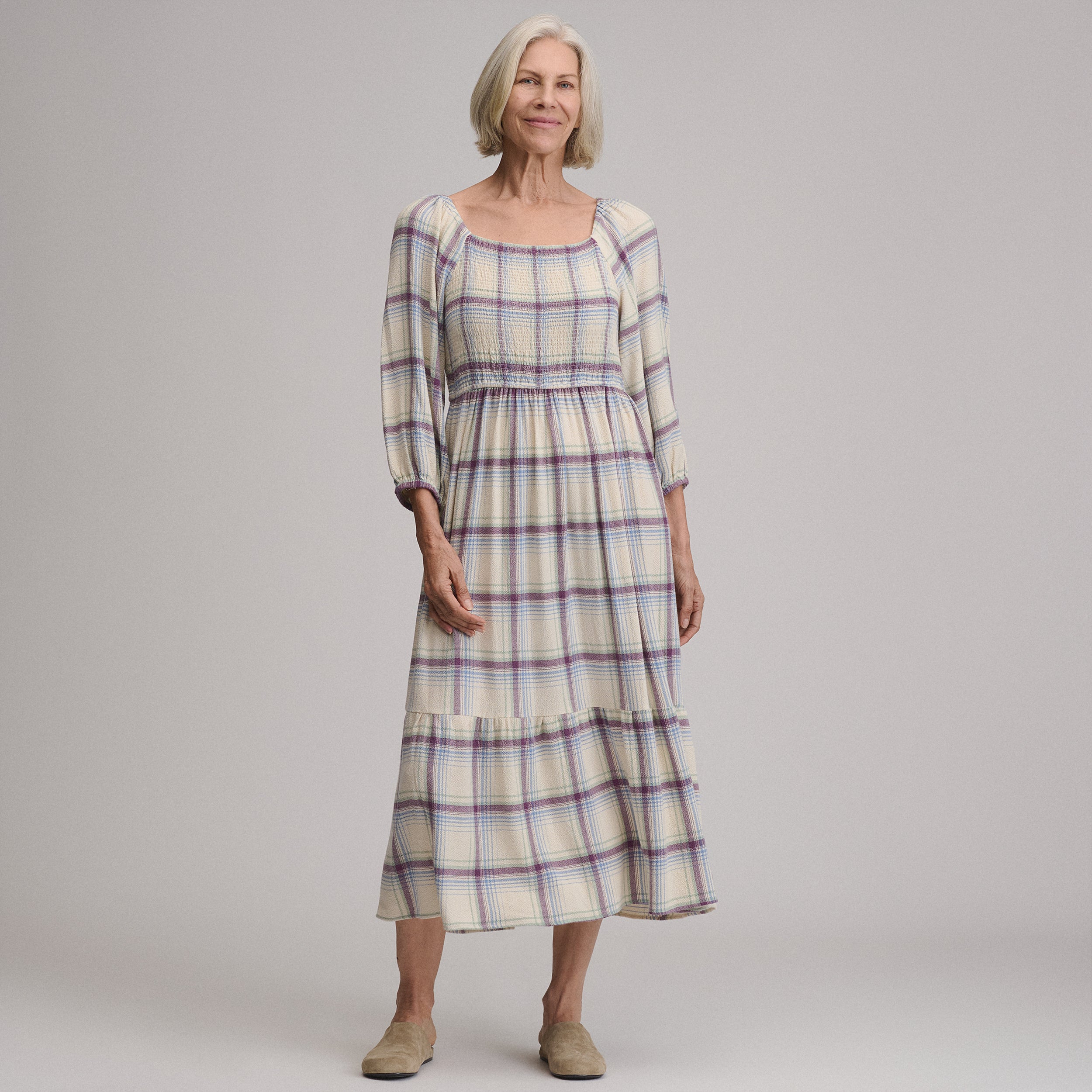Women's Plaid 3/4 Sleeve Smocked Bodice Dress - Image 7