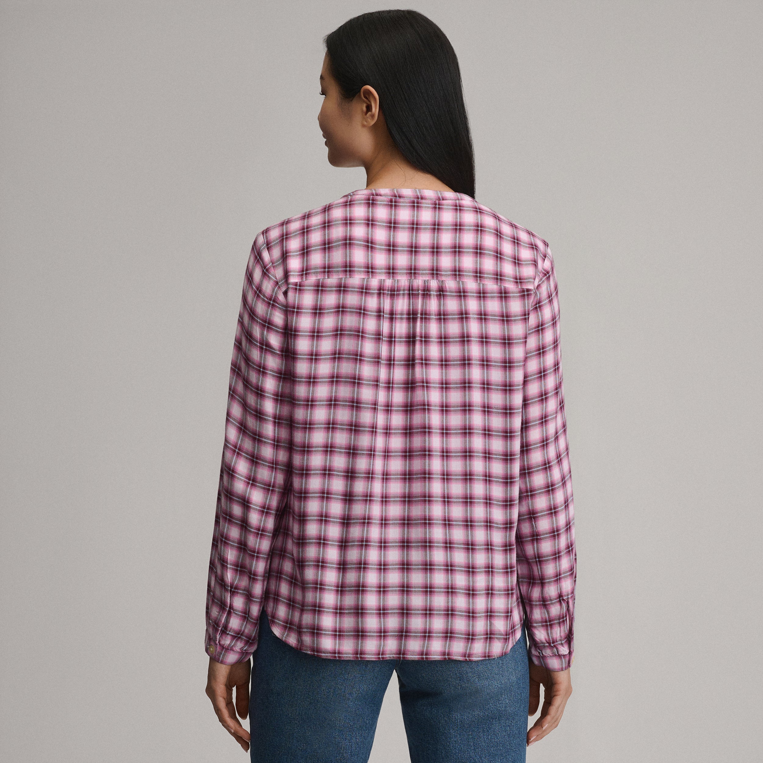 Women's Long-Sleeve Collarless Drapey Plaid Button-Down Shirt - Image 2