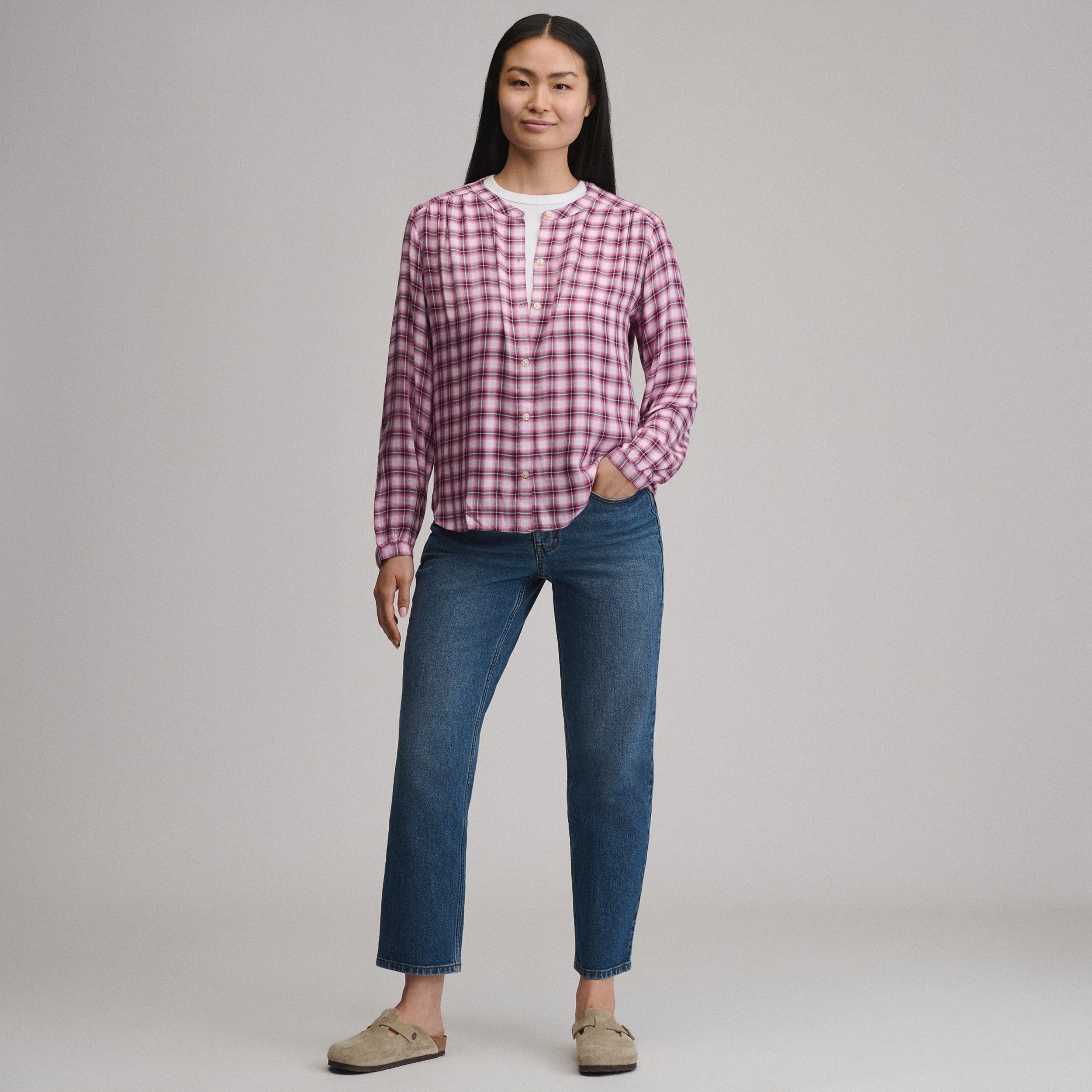 Women's Long-Sleeve Collarless Drapey Plaid Button-Down Shirt - Image 4